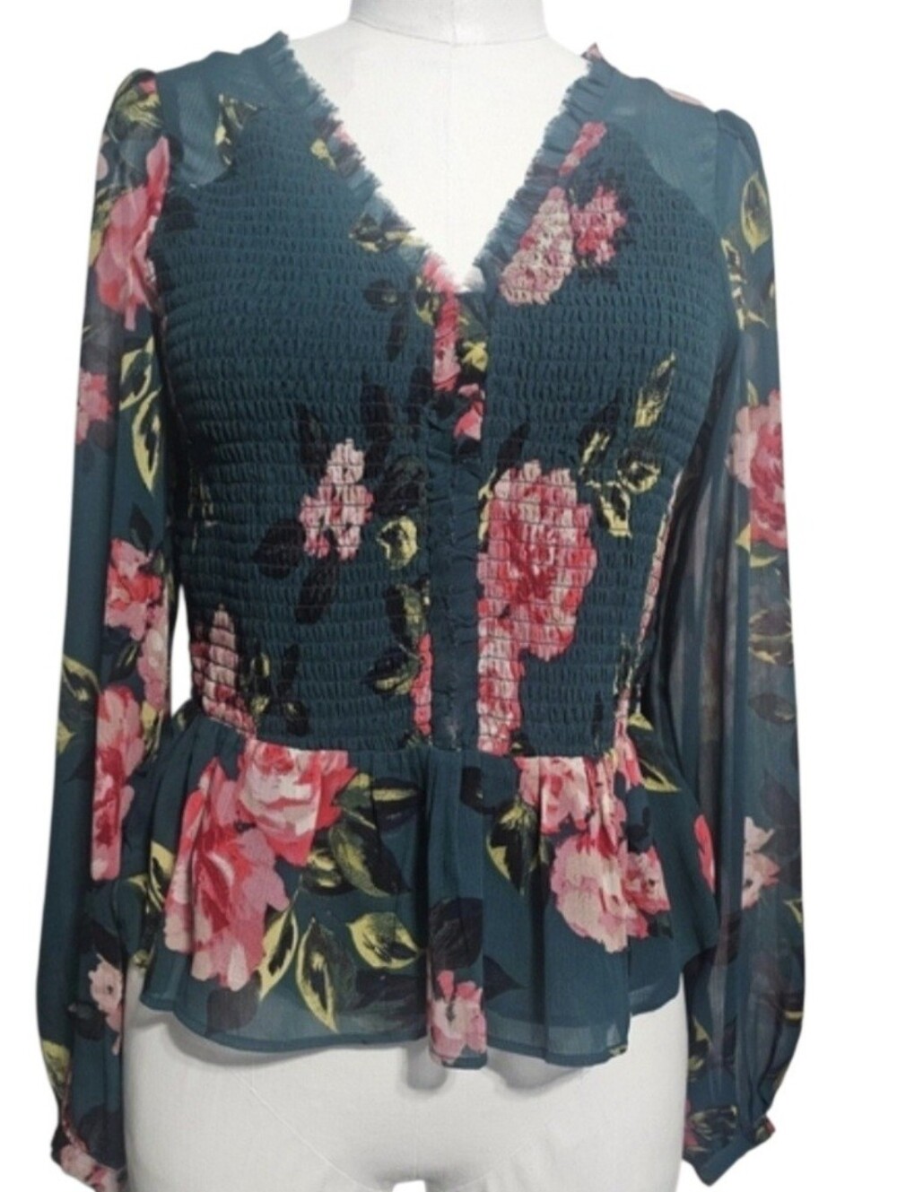 Jessica Simpson Averie Balloon Sleeve Smocked Peplum Floral Cottagecore Top S